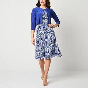 NWT Danny and Nicole Cobalt Blue Ivory Midi Dress w/ Jacket Women's Size Large